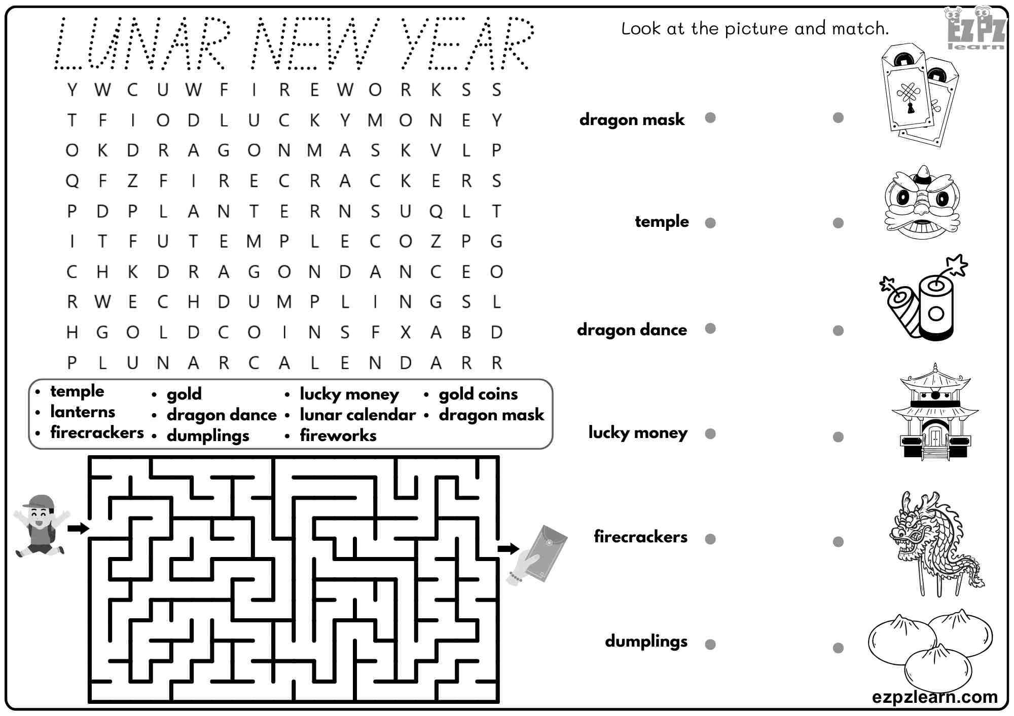 Lunar New Year Holiday Vocabulary For Kids. Includes: Word Search, Matching, and Maze Activities. Free PDF Download